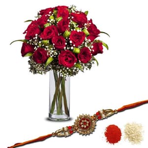 Rakhi with 20 Red Roses in a Glass Vase